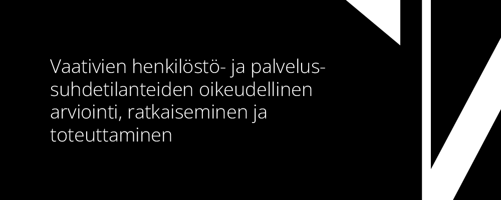 Vaativien henkilöstö- ja palvelussuhdetilanteiden oikeudellinen arviointi, ratkaiseminen ja toteuttaminen.